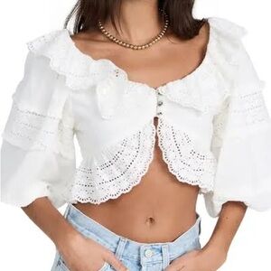 FARM Rio White Puff Sleeve Crop Blouse